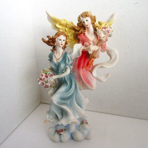 Vintage Angel with Woman Statue 12"x10" Inch Detailed Painted Porcelain, Damaged